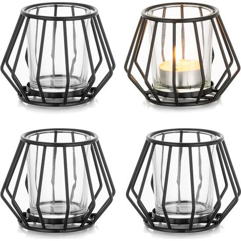 Set mit 4 geometrischen Kerzenhaltern aus schwarzem Metall – für Stumpenkerzen – Wohnzimmerdekoration – Tischdekoration für Geburtstage – Vintage-Stil – Esstisch
