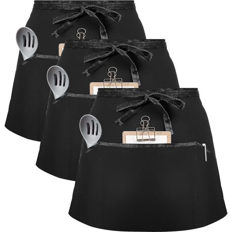 Lot de 3 tabliers de taille, tabliers noirs de serveur/serveuse avec 2 poches, demi-tablier pour bistro, restaurant et jardinage (hommes) (1/5)