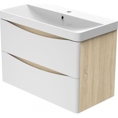 Wall Hung 800mm Vanity Unit with Basin White Sink 2 Drawers Sink Unit (1/5)