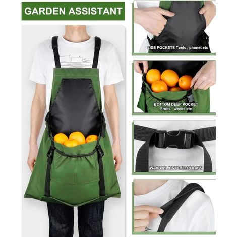 Tablier de jardin avec poches à ouverture rapide pour la récolte et le jardinage, imperméable et vert. (1/4)