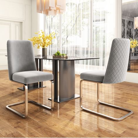 Silla de comedor de terciopelo, lote de 2, respaldo capitoné en rombos, gris DESVIAE (1/5)