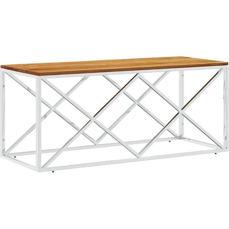 Mesa de centro de diseño moderno en acero inoxidable plateado y madera maciza de acacia DEC037254