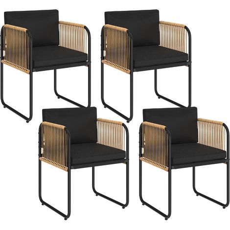 Lot de 4 chaises de jardin RIO structure métal noir, cordage effet rotin clair et coussins noirs