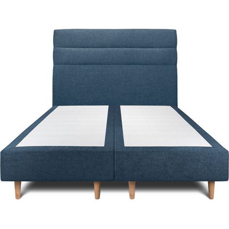 Lit 180x200cm avec tête de lit lignes tissu et double sommier tapissier bleu - Hauteur totale : 35cm (1/5)