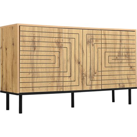 Buffet en MDF 120x35x68 cm avec 3 portes à mécanisme push, motif ondulé, pour salon, salle à manger et bureau, couleur bois (1/5)