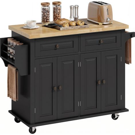 HOMCOM Rolling Kitchen Island Cart with Rubber Wood Top, Spice Rack, Black (1/5)