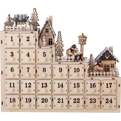 Bloomingville Calendario dell'Avvento Richie - Lucchetto in compensato con illuminazione - 24 cassetti da riempire - Calendario dell'Avvento naturale - 38 x 33 x 10 cm (1/5)