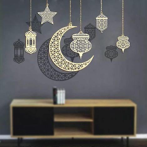 6-teiliges Set islamischer Dekorationen für Eid Ramadan Mubarak Eid Al-Adha: Hängende Holzlaternen, Kugeln, Anhänger, muslimisches Islam-Schild, Ornamente