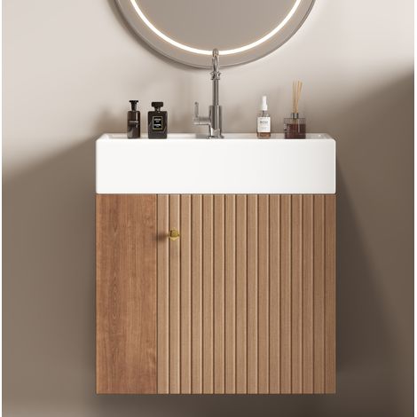Meuble de salle de bain suspendu avec lavabo 55 cm en MDF marron (1/5)