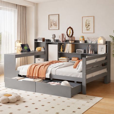 Letto singolo 90x200 cm con scrivania e contenitori, grigio, senza materasso (1/5)
