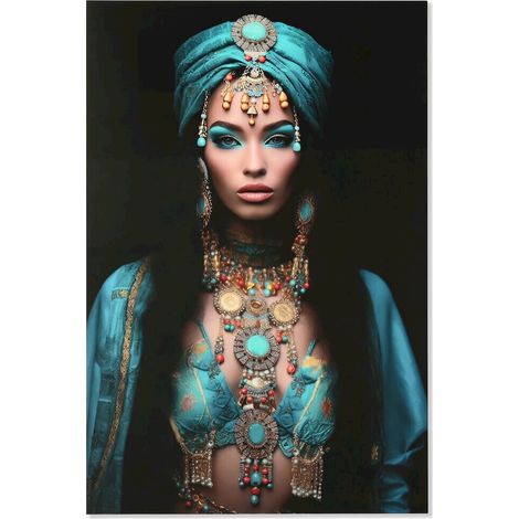 Tableau verre trempé art femme orientale bleu noir élégant - Bleu turquoise et or oriental (1/3)