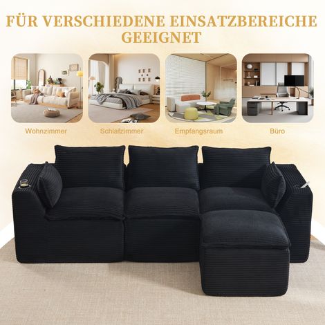 Canapé 3 places modulaire avec pouf, coussins inclus, porte-boissons et 2 poches latérales. Rembourrage mousse et ressorts. Idéal salon et pièces similaires (tissu velours noir). (1/5)