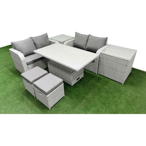 Fimous 6 Seater Outdoor Love Sofa Set Rattan Garden Furniture Set with Adjustable Lifting Dining or Coffee Table 2 Small Stools 2 Side Tables Light Grey (1/5)
