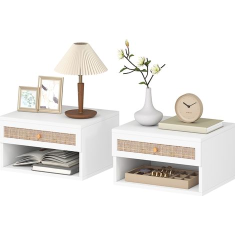 Ensemble de deux tables de chevet murales comprenant un tiroir coulissant, un compartiment ouvert et un plateau en bois 40 x 34 x 23 cm. (1/5)