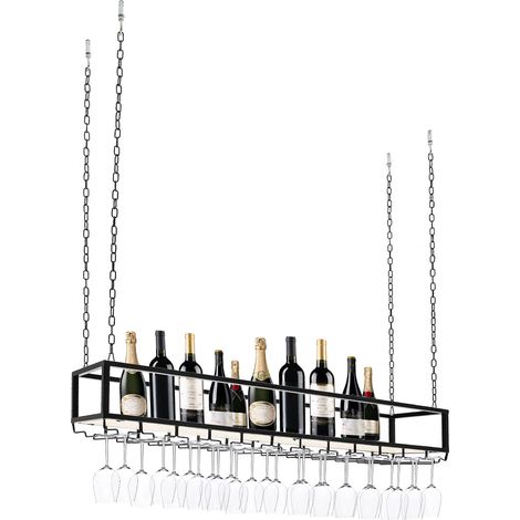 Portabicchieri da vino, decorazione retrò capovolta, gancio da soffitto, decorazione da soffitto per portabottiglie, scaffale per cantina (nero)