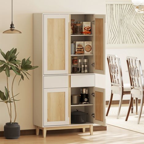 Buffet haut cuisine. armoire de cuisine avec 4 portes. 2 tiroirs et étagères réglables. 80x35x170cm. blanc et chêne