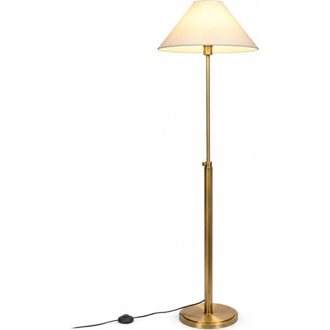 Relaxdays Stehlampe, höhenverstellbar, Stoffschirm, E27, HxD: 110-170 x 48 cm, Standleuchte, Eisen, Leinen, weiß/messing (1/5)