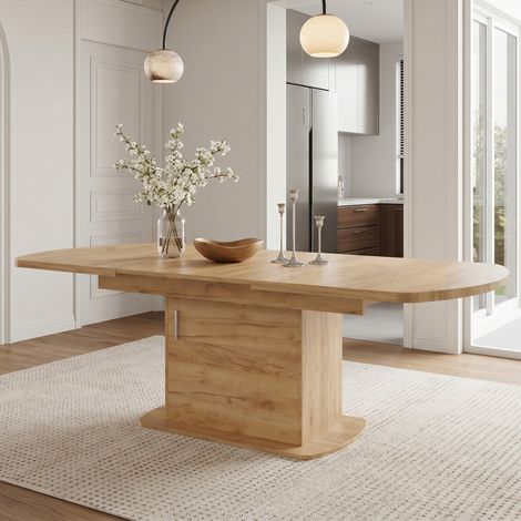 Mesa de comedor extensible ovalada, 140-200 x 80 x 75 cm, mesa de cocina compacta con almacenaje para comedor, acabado roble (1/5)