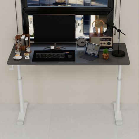 Bureau réglable en hauteur gris en métal et bois avec manivelle (1/5)