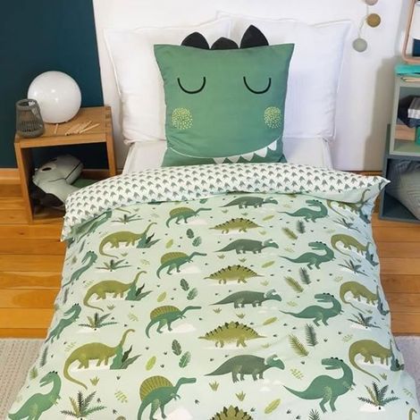 Parure de lit 140x200 cm Enfant - Housse de Couette + 1 Taie d'oreiller 63x63 cm Motif imprimé Dinosaure Vert – en Microfibre