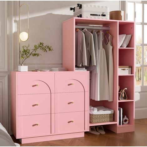 Offener Kleiderschrank mit 6 Schubladen, Kleiderstange und Seitenregalen, rosa, 139 x 35 x 133 cm (1/5)