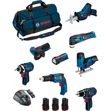 BOSCH Kit BMKB8-28AD3 (GSR12V-15+GTB12V-11+GDR12V-105+GWS12V-76+GST12V-70+GOP12V-28+GSA12V-14+GLI12V-80+3x2,0Ah+GAL1230CV+HDBAG) (1/5)