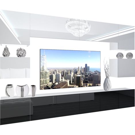 BELINI - Unité Murale TV NEX I Ensemble Muebles de Salon Complet I Ensemble Meuble TV avec Illumination LED I Dimensions: 300 x 180 x 36 cm I Coleur: Blanc très Brillant/Noir très Brillant 1