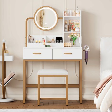 Tocador de tablerón blanco y dorado con espejo LED, puertos USB y 2 cajones (1/5)