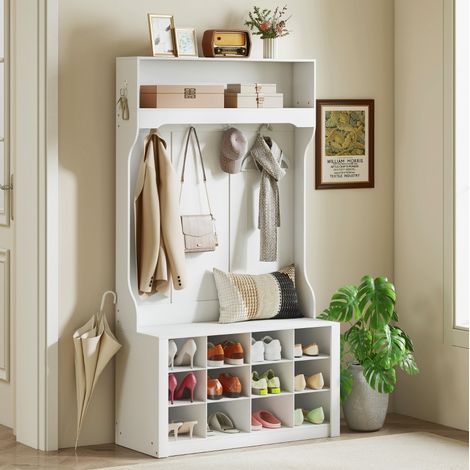 Scaffale guardaroba in legno bianco con panca, 6 ganci e 12 scomparti per scarpe, 100 x 35 x 172,2 cm (1/5)