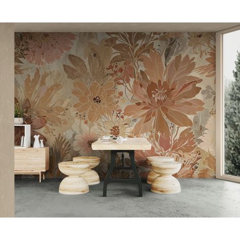 Papier peint floral – Fleurs beiges vintage - 150 x 250 cm (1/2)