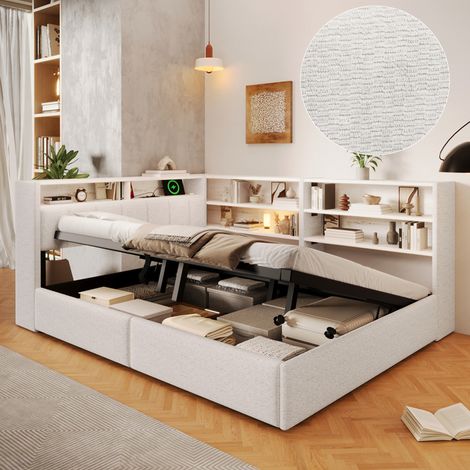 Lit coffre 140x200 cm, lit double avec rangement hydraulique et sommier relevable, LED APP avec USB-A et USB-C, module latéral en velours blanc (1/5)