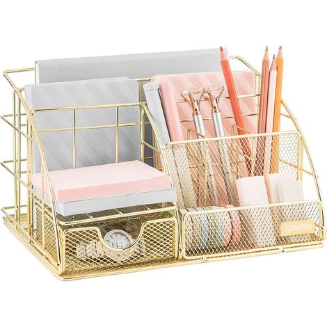 1 Organiseur de bureau, 8 compartiments, structure métallique, finition or rose, porte-crayons avec tiroir, pour maison et entreprise (1/5)