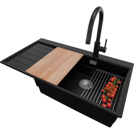 PRIMAGRAN Evier Cuisine en Granit 90x50cm,Lavabo 1 bac + Robinet 40x20cm + Kit de Vidage + Accessoires, Évier à Encastrer au meuble 60cm - Sydney, Noir (1/5)