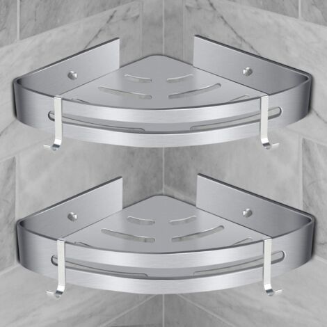 Étagère de douche d'angle étagère de salle de bain sans perçage panier rangement de douche étagère de douche murale en aluminium boîte de rangement deux pièces argent（2pcs）