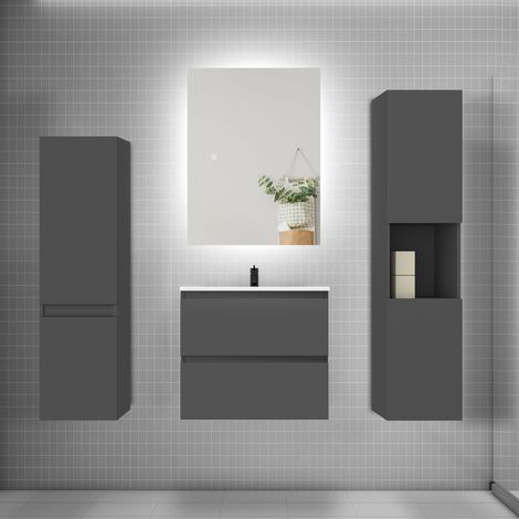 Ensemble meuble anthracite et lavabo L.60cm 2 tiroirs + colonne2 haut + lavabo + miroir 80x60cm-suspendu