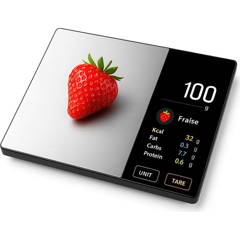 Balance de Cuisine Premium Nutritionnelle – Analyse Calories, Protéines, Glucides, Lipides – Écran TFT HD Nouvelle Génération – Balance Précise 1g avec Base d’Aliments Intégrée
