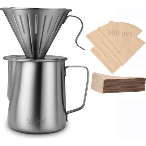 Pour-over coffee maker, 304 stainless steel coffee maker set with 100 No. 2 paper filters and a 600ml milk frothing jug, for home and camping