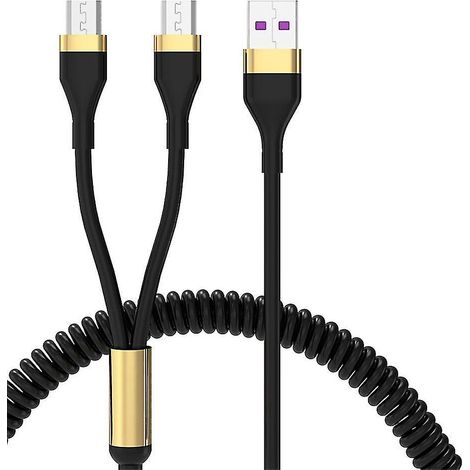 Câble de charge à double extension micro USB avec ressort, compatible avec la charge rapide 5 A