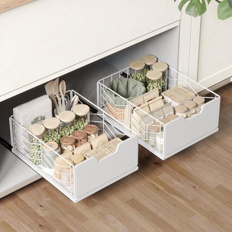 Set of 2 Metal Kitchen Sliding Drawer Cupboard Basket with Adhesive Suitable for Kitchens, Bathrooms, Etc. 40 x 30 x 17.5 cm Height, White (1/5)