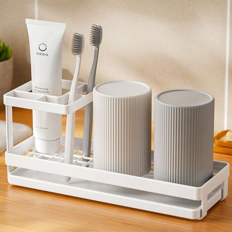Porte brosses à dents pour salle de bain avec drainage, 4 emplacements pour comptoir de salle de bain, brosse à dents électrique et dentifrice, blanc (1/5)