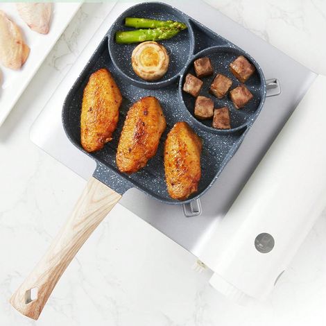 Poêle à Omelette 3-en-1 Agrandie Antiadhésive pour Mini Hamburgers, Poignée Relevée Anti-Brûlure, Poêle à Frire avec Poignée en Bois, pour Petit-Déjeuner avec Steak et Jambon (3 et 4 Trous) (1/4)