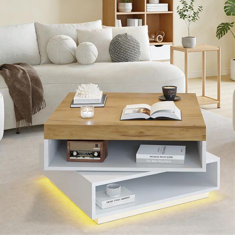 Table basse 65 x 65 x 40 cm, design carré pivotant à 360°, avec éclairage LED et espace de rangement ouvert, blanc et bois