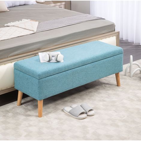 Banc coffre rembourré avec rangement 110 x 39 x 45 cm bleu en polyester effet lin DESVIAE (1/5)