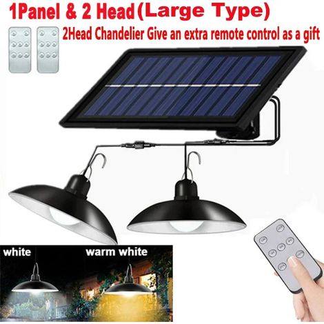 Suspension solaire extérieure étanche à LED (blanc chaud, 2 têtes, grand modèle) avec télécommande, compatible avec abri de jardin, grange ou pièce. (1/5)