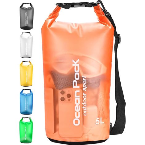 Sac étanche 5 L, avec bandoulière réglable et fermeture à enroulement, adapté à la natation, au camping et à la pêche (orange)