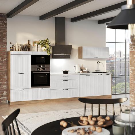 Küchenzeile Fame-Line, Weiß Landhaus/Goldkraft Eiche, 340 cm ohne Arbeitsplatte, Vicco (1/5)