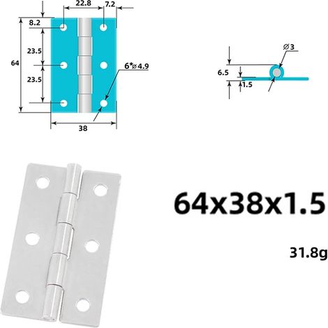 Charnière renforcée en acier inoxydable 304 (64 x 38 x 1,5 mm) pour équipements mécaniques, charnière plate pliante industrielle robuste, charnière à plaque rabattable. (1/5)