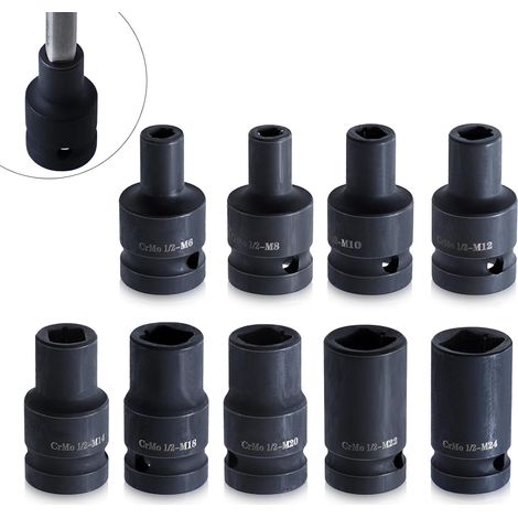 Jeu de Douilles Robinet 9 Pièces, Carrées à Entraînement 1/2 Pouce, pour clé électrique, Pneumatique, Main, Acier au Molybdène Cr, Accessoires D'outils - (1/5)