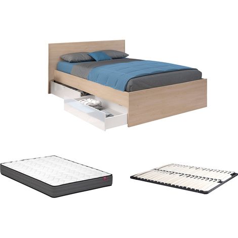 Lit avec 4 tiroirs 140 x 190 cm - Coloris : Blanc brillant et naturel + Sommier + Matelas - VELONA