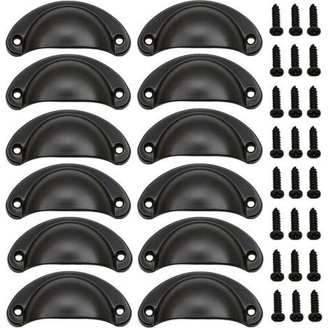 (Noir) Lot de 12 poignées coquillage vintage, poignées de porte en fer vintage avec vis pour meubles, commodes et armoires de cuisine (1/4)
